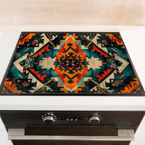 Diatomite Stove Top Covers 28x20 inches Dust-Proof Dish Drying Mat for Gas and Electric Ranges-Aztec Pattern Design With Boho Style Vintage Colors