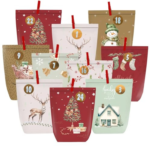 PANSIBY Calendario de Adviento para rellenar, 24 calendarios de Navidad para manualidades, bolsas de Adviento de papel con adhesivo numérico para colocar