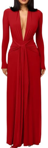 DAAWENXI Women's Sexy Deep V Neck Maxi Dress Long Sleeve Tie Wedding Guest Cocktail Evening Dresses Red