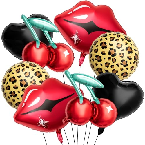 Realspring 8 Pcs Black and Red Foil Balloons Kit, Cherry Print, Red Lips, Cheetah Pattern and Black Heart Balloons for Bachelorette Party Decor, Kiss the Miss Goodbye, Women's Birthday Baby Shower