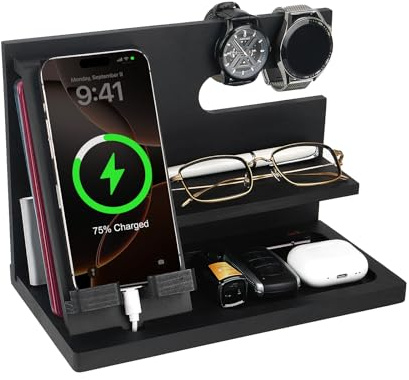 ELEVAT Gifts for Men Christmas Wood Phone Docking Station Desk Organizer Fathers Gifts Anniversary Birthday Gifts for him Xmas Presents for husband Nightstand Key Wallet Stand for Men, Boyfriend, Dad
