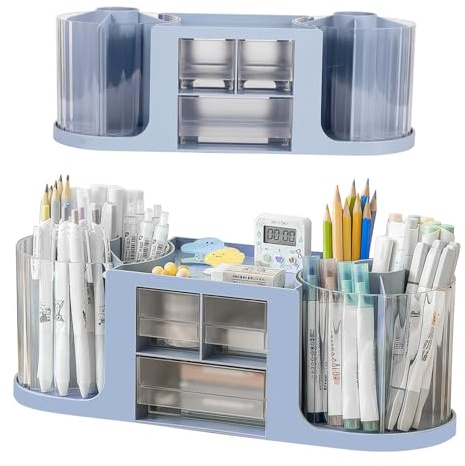 Stiftehalter Aufbewahrungskiste, 360°Doppelte Drehen Schreibtisch organizer mit 3 Transparenten Schubladen 14 Fächer für 200+ Stifte, Aufbewahrungskiste für Büro, Home, Schule und Kunstbedarf,Blau