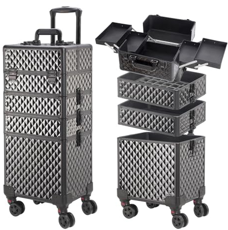 Portable Multi-Storey Nail Case for Nail Tech Organizer - Wheels Makeup Case Organizer, Cosmetic Case, Makeup Train Case, Make Up Case (Black-8036)