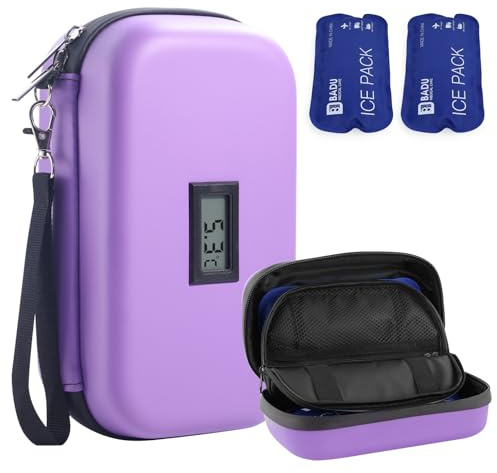 HIMDUZE Custodia da viaggio per insulina, approvata TSA, refrigeratore refrigerato per medicinali da viaggio, con termometro, custodia da viaggio per diabetici, con 2 confezioni di ghiaccio