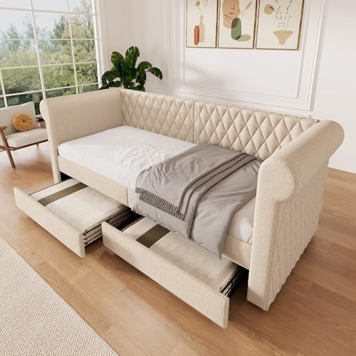 Merax Vintage Kopfteil Polsterbett Sofabett 90x200 cm, Schlafsofa Tagesbett mit 2 Stauraum Schubladen, Kinderbett Jugendbett Bettgestell mit Lattenrost aus Holz, Linen, Beige(Ohne Matratze)