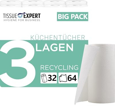 Tissue Expert Küchentücher 3-lagig | 32 Rollen x 64 Blatt | Großpackung | Saugstarke Küchenrollen aus 100% Recycling | Allzwecktücher & Papiertücher für Haushalt | 60% PCR-Verpackung Küchenpapier