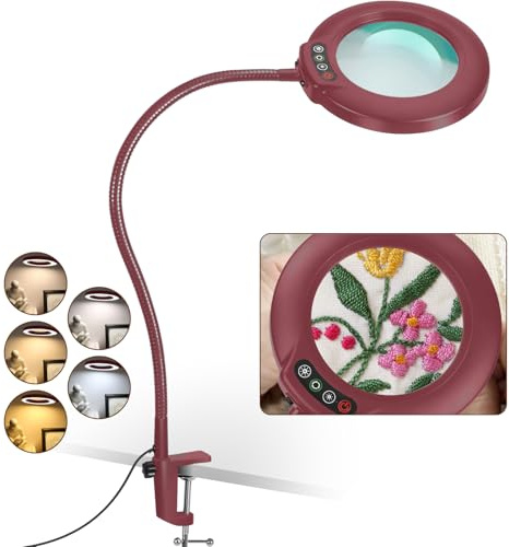 Veemagni 12X Lupe mit Licht und Klemme, Echtes Glas Lupenlampe, 5 Farbmodi Stufenlos Dimmbare, 23 Zoll Flexibler Schwanenhals Ständer Tischlupe mit Beleuchtung, LED Lupenleuchte für Lesen Hobby Rot