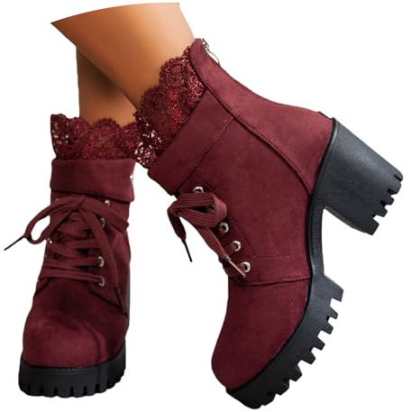 Vintage Snörstövlar Damplatåstövlar Med Blockklack Vattentäta Höga Klackar Mockastövlar Med Dragkedja Brittisk Stil Booties Kvinnor Fritid Ankelskor(Red,38 EU)