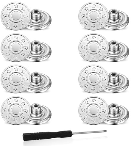 Amaxiu Jeans Buttons Replacement, 8 PCS Instant No Sew Buttons for Pants Removable Metal Silver Pant Button Tightener Adjustable Button Replacement Kit with Threads Rivets and Screwdriver (20mm)