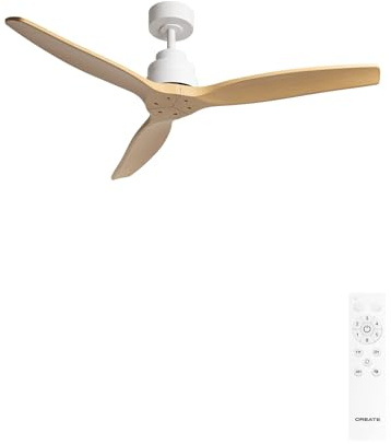 CREATE / WINDSTYLANCE M/Ventilador de techo ABS blanco aspas efecto madera natural con mando / 40W, Silencioso, Ø132 cm, 6 velocidades, temporizador, verano-invierno, doble altura, motor DC