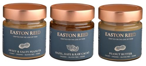 EASTON REED Organic Peanut Butter & Hazelnut Cream Trio, one of each Creamy Peanut Butter, Crunchy Sweet & Salty and Hazel, Date & Raw Cacao, Spreads without Palm Oil, Vegan, for Porridge and Desserts