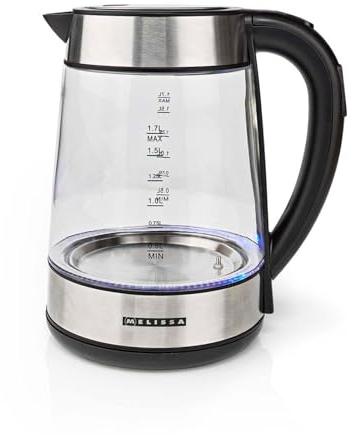 Melissa 1.7L Electric Glass Kettle, 2200W Fast Boil, Adjustable Temperature 50-100°C, LED Display, Keep Warm, Boil-Dry Protection, Limescale Filter - Stainless Steel