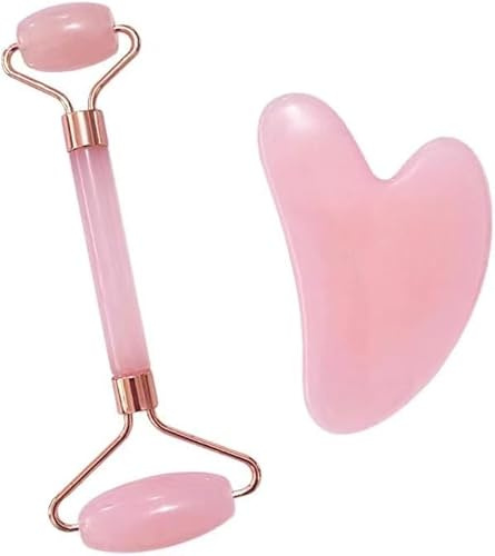 Massage-Werkzeugset mit Jade-Roller und Gua-Sha-Stein, natürlicher Rosenquarz-Jade-Gesichtsrollerstein für die Hautpflege, Anti-Aging, zum Abschwellen, Entgiften, Aufhellen und Erfrischen der (Pink)