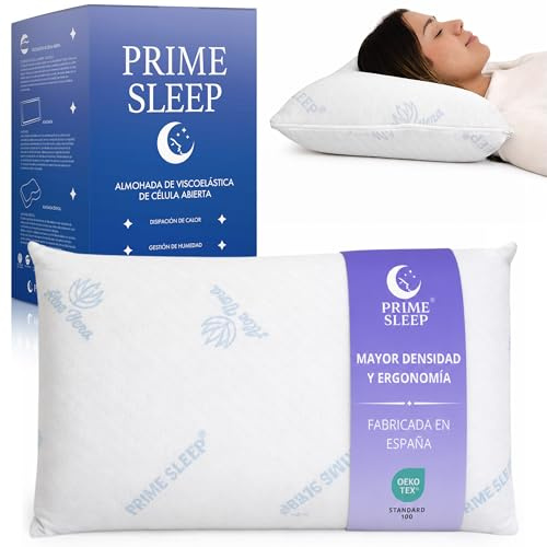 PRIME SLEEP Almohada Viscoelástica 70 cm Alta Densidad 51kg/m³ Aloe Vera| Núcleo Viscoelástico Célula Abierta Transpirable | Firmeza Media | Soporte Estable Durante Toda la Noche
