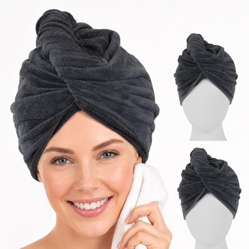 Nreosn 3 toallas de microfibra para el pelo, turbante con botón, toalla de microfibra superabsorbente de 400 g/m², turbante de secado rápido, para rizos largos, pelo corto, color gris oscuro