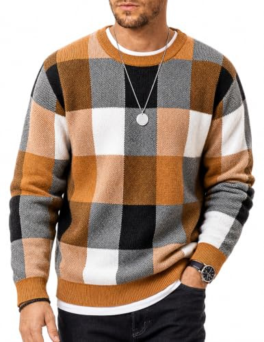 COOFANDY Jersey Hombre a Cuadros Suave Cuello Redondo Casual Marrón Claro M