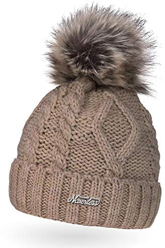 Neverless® Damen Bommelmütze mit Fleecefutter Pudelmütze Strickbeanie Strickmütze Wintermütze Dunkel-beige Unisize