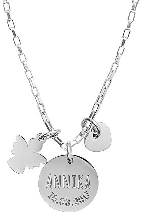 Gravado Collier en INOX avec 2 Pendentifs Couleur Argent, Médaillon Ange Cœur, Gravure Personnalisée Prénom Date, Longueur Chaîne 50 CM