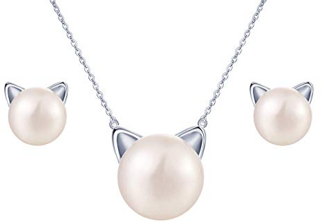 Yumilok 925 Sterling Silber Damen Halskette Kette mit Anhänge Katze Kätzchen Perlen Ohrstecker Ohrringe Piercing Ohrhänger Schmuck Set für Frauen Mädchen