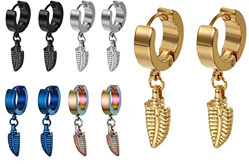 Cupimatch Men's Women's Hoop Earrings Set, Stainless Steel Retro Feather Leaf Huggie Folding Hoop Earrings Unisex Earrings for Men Women, Stainless Steel