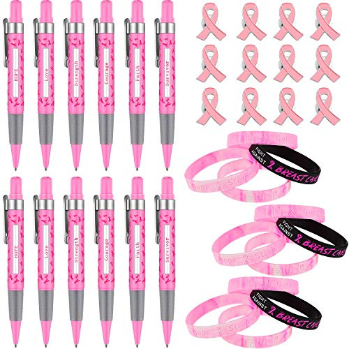 WILLBOND Set di 36 pezzi di nastro rosa per la sensibilizzazione sul cancro al seno, include penne a nastro rosa, braccialetti in silicone per eventi di beneficenza, eventi di beneficenza, campagne di