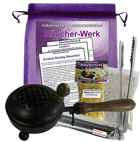 RÄUCHERPFANNE & WEIHRAUCHBRENNER 8-tlg RÄUCHERSET für jedes Räucherwerk zum SICHEREN Räuchern & Ausräuchern + WEIHRAUCH Olibanum + Räucherkohle + Räucherzange + ZUBEHÖR. 81990-RS9WZ