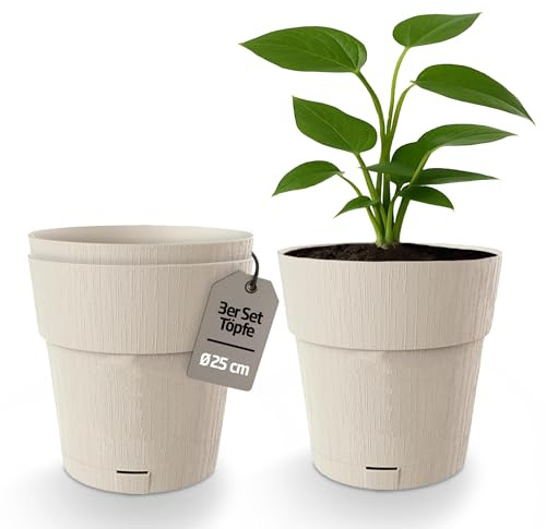 Kigima Lot de 3 pots de fleurs, ronds, auto-arrosage, réservoir d'eau, 100 % plastique recyclé, 25 cm, beige