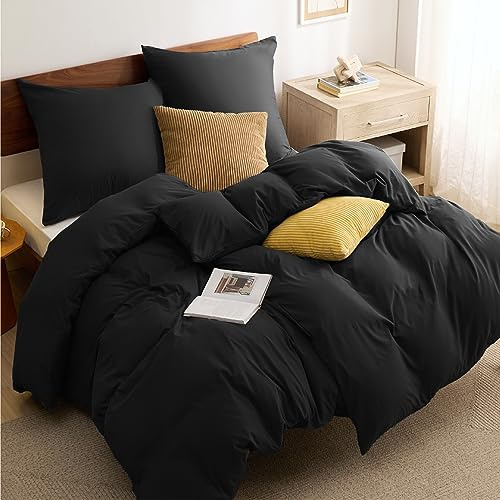 BEDSURE Bettwäsche 135x200 4teilig Mikrofaser - Schwarz, 80x80 Kissen | Kontrast-Design Wendebettwäsche mit Reißverschluss, Oeko-TEX zertifiziert, einfache Montage, für Zuhause & Hotel