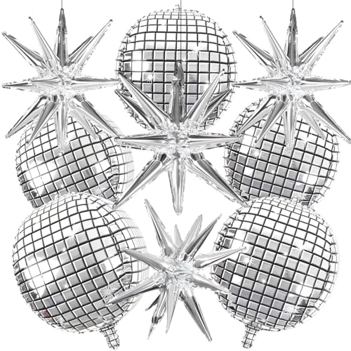 OuMuaMua Disco Ball Balloons for 70s Disco Party Decor, 22 Inch Large 4D Metallic Silver Disco Balloons with Stars Balloon for Themed Party, Birthday New Year Christmas Decor 9pcs