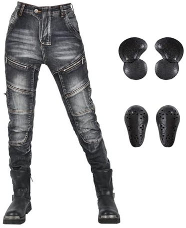 LOMENG Motorcycle Riding Pants Slim Stretch Motorbike Racing Jeans All Season with CE Knee Hip Removable Armored for Women Black size26