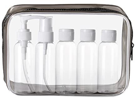 KEYRI Kit Bottigliette da Viaggio Set per Aereo 5 Pezzi 100ml Contenitori per Liquidi, Trasparente, Borsa da Toilette, per Cosmetici, FDA (Nero)