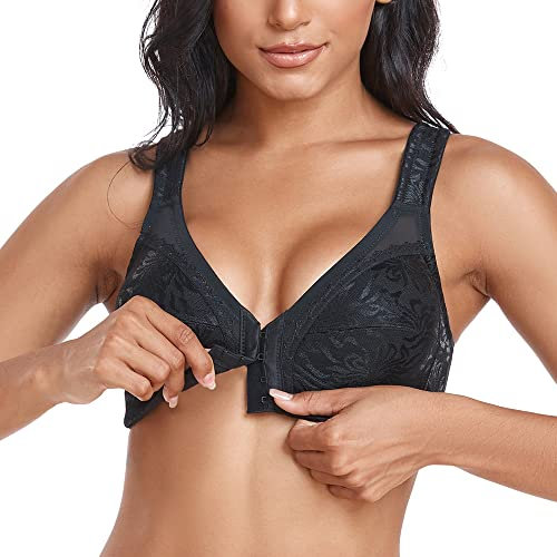 Ayigedu Women's Front Fastening Bras Full Cup Plus Size Non Wired Back Support Posture Bra 38G Black