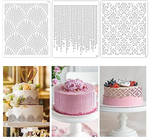 SwirlColor Cake Stencils Decorating Buttercream, 3PCS Beautiful Hollow Lace Design Cake Embossing Stencils Reusable Baking Tools Stencil for Cake Decorating Printing Birthday Wedding
