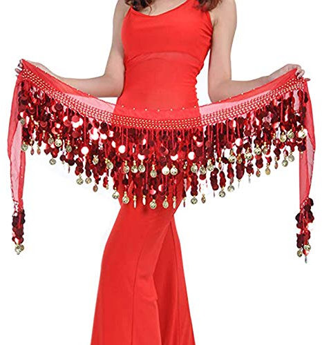 QUNINE Bauchtanz-Hüfttuch, süßer Bauchtanz-Rock, Wickel-Performance, glitzernde Pailletten, Münzen, Bauchtänzerin-Kostüme für Frauen (rot, Einheitsgröße)