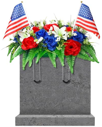 Lemosae Memorial Day Headstone Flower Saddle Artificial Cemetery Grave Flowers for Veterans 4th of July Independence Day Patriotic Tombstone Gravestone Arrangements Outdoor Decorations