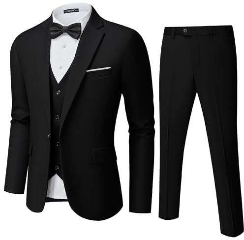 Mens Suit Tuxedo Set Slim Fit Suits 3 Piece One Button Prom Wedding Blazer Vest Pants Black