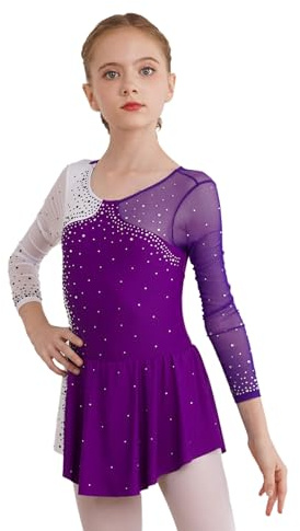 Rswnyirn Glitzer Mädchen Tanzkleid Langarm Latin Eiskunstlauf Kleid mit Strass Ballettkleid Ballett Trikot Body Tanz Wettbewerb Rock Kostüm Violett 134-140