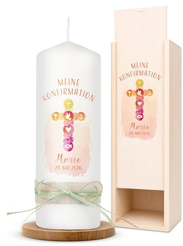 AMARI ® Konfirmationskerze personalisiert Kreuz Symbol (002.09.01) 20/7 cm- Kerze Konfirmation - Konfirmationskerze mit Namen und Datum - Konfirmation Kerze personalisiert Mädchen Junge