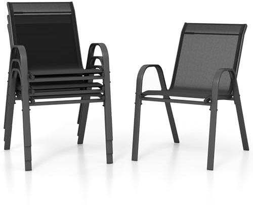 COSTWAY Set di 2/4 Sedie da Giardino, Poltrone in Tessuto Textilene per Esterno, Sedie Impilabili con Gambe in Metallo, Portata 150 kg, 56 x 70 x 84 cm (Nero,4)