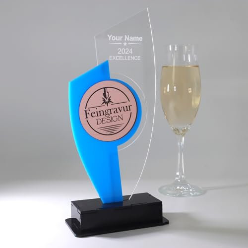Personalisierte Moderne edle Trophäe, personalisierter eigener Text oder Logo, Blau und Spiegel Acryl - Medaille - Pokal - Auszeichnung 235x105 mm Rose Gold
