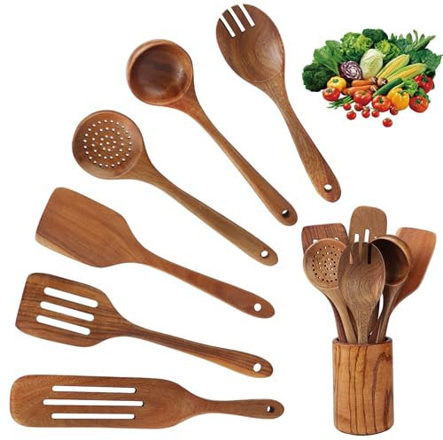 Ustensiles de Cuisine en Teck, 7 Pièces - Ensemble de Cuillère, Spatule, Louche et Passoire pour Poêles Antiadhésives