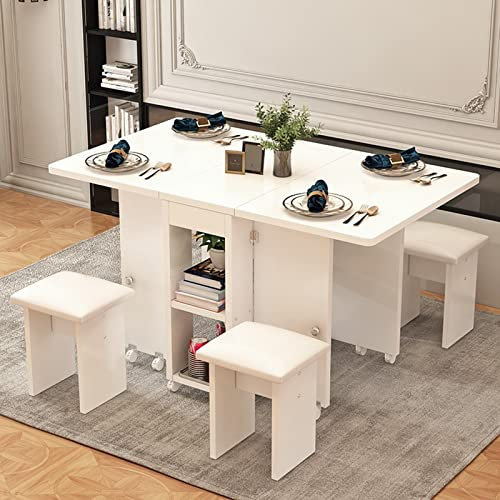 WADRBSW Klapptisch Klappbarer Esstisch, Ausziehbarer Rechteckiger Küchentisch Aus Holz Mit Rollen Und 4 Hockern, Kleiner Esstisch Für Küche, Wohnzimmer,120CM to Pursue Happiness