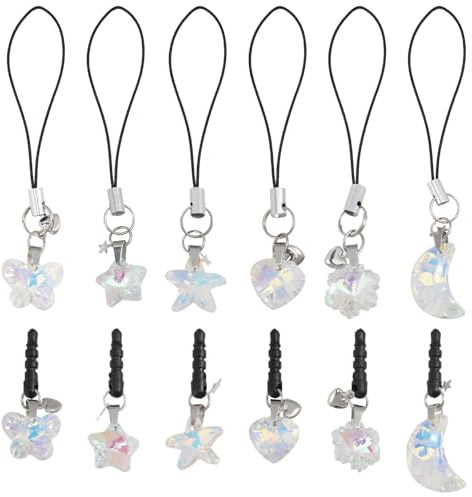 GLOBLELAND 12 Stück Handy Charm Band Und Staubschutzstecker Kristallsterne Und Mond Handy Charm Band Kristallliebe Schmetterling Blumen Staubschutz Stecker Für Handy Zubehör Dekor