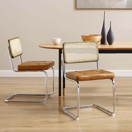 Zouron Esszimmerstühle Rattan Stuhl Schwingstühle 2er Set - mit Eichenholz Kunstleder Küchenstuhl Freischwinger Stühle Polsterstuhl Natur geflochtene Rattan Rückenlehne Chrom Metallbeine