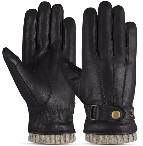The AMA LOOK - Guanti invernali da uomo in vera pelle, guanti da guida in pelle foderati in pile per l'inverno, guanti casual da esterno con touch screen, nero/beige., 85