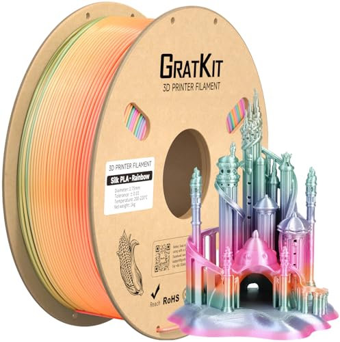 GratKit Regenbogen PLA Filament mit Seidenglanz 1,75mm, 1kg Spule, Farbwechsel 3D-Drucker Silk Filament mit +/-0,03mm Präzision, gleichmäßige Wicklung, Neu Candy Rainbow PLA, 1000g