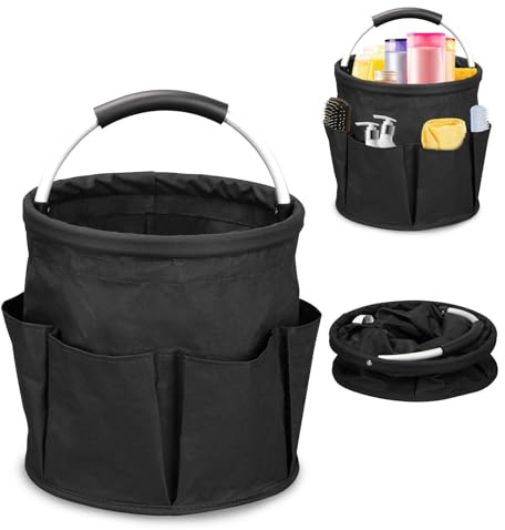 BigKing Bolsa de almacenamiento plegable para cubo de limpieza, cesta de limpieza plegable de tela Oxford, con 6 bolsillos exteriores para la limpieza, accesorios de limpieza del hogar (negro)