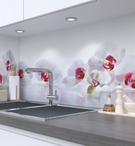 MyMaxxi Küchenrückwand selbstklebend - Matte, 0,4 mm Premium Spritzschutz Folie als günstige Alternative zu Glas, einfache Montage & leichte Reinigung - Motiv: Orchidee Weiß 180 x 60 cm