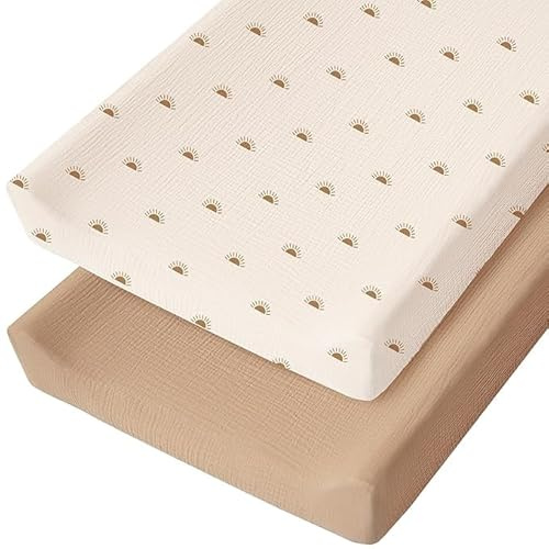 ZXYIVOO Muslin Changing Pad Cover for Baby Girls Boys, 100% Cotton Fitted Diaper Chang Table Covers, Soft Breathable Changing Pad Sheets, 2 Pack (Camel,Sun)
