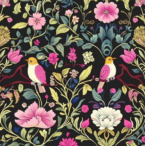 BOKEBEVE Extra Long Bird Wallpaper Peel and Stick Vintage Floral Contact Paper Boho Wall Paper for Bedroom Bathroom Cabinet Backsplash Renter Friendly Removable 17.5 x 393.5In